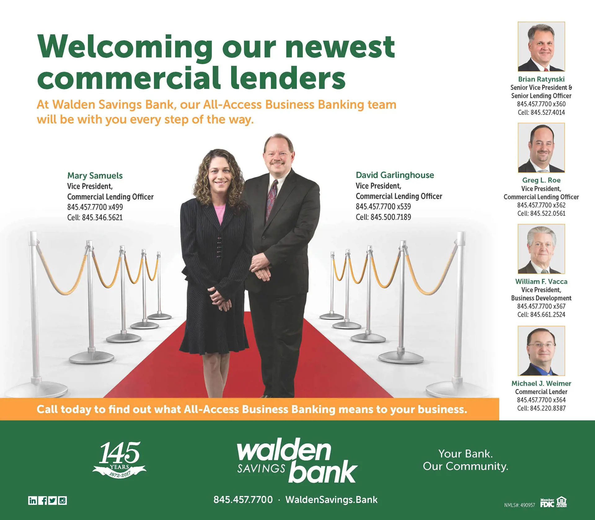 WALDEN SAVINGS BANK EXPANDS COMMERCIAL LENDING DEPARTMENT